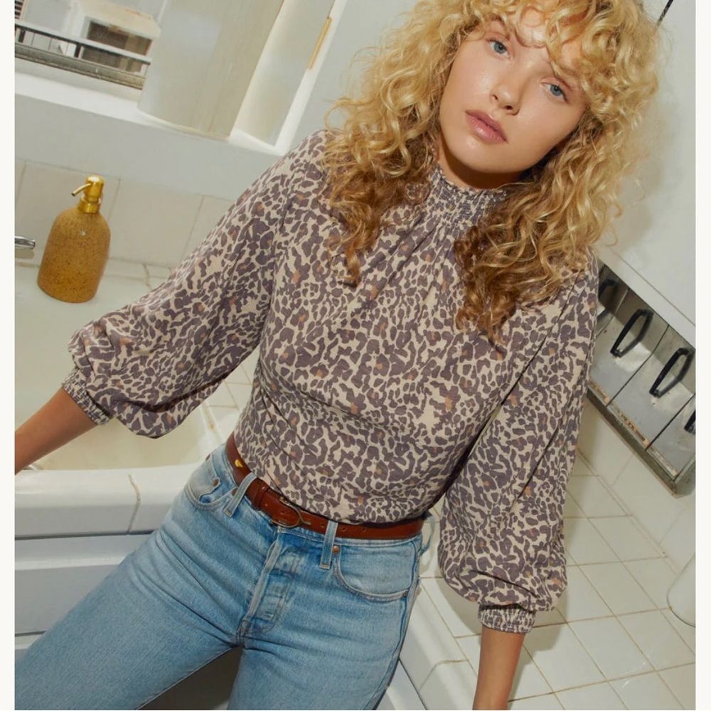 Nation LTD Taupe and Cream Leopard Print Smocked Neck Blouse